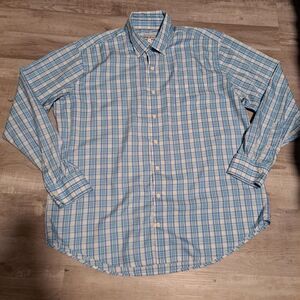 Peter Millar Shirt XL Cotton Silk Blend Blue Check Long Sleeve Button Down 52"